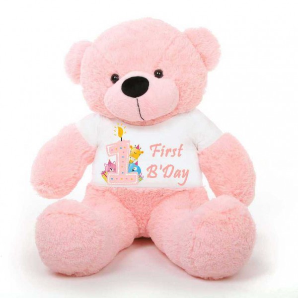 Pink 5 feet Big Teddy Bear wearing a First Happy Birthday T-shirt
